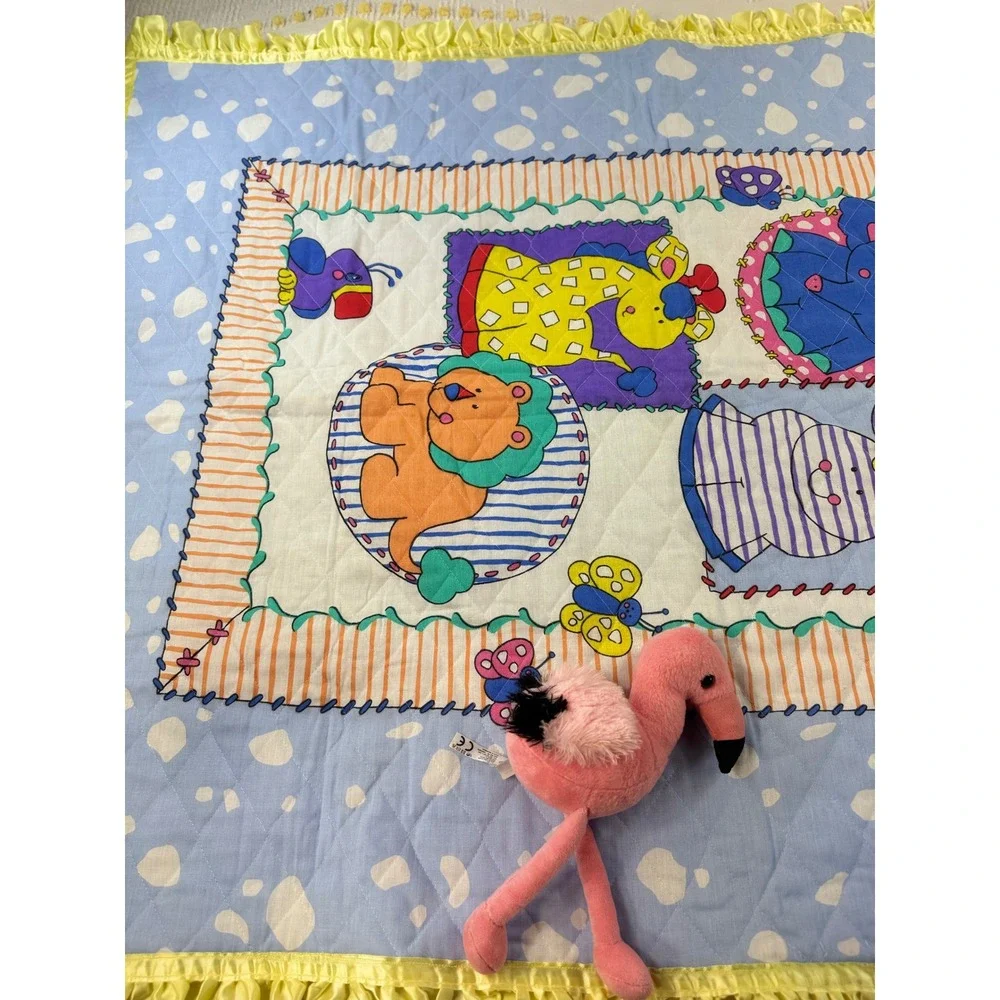 Vintage Quilted Baby Blanket Animals Elephant Lion Giraffe Yellow Satin Ruffle